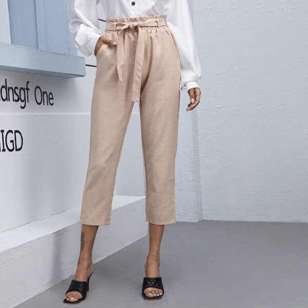 

Paper Bag Waist Belted Tailored Pants, Apricot