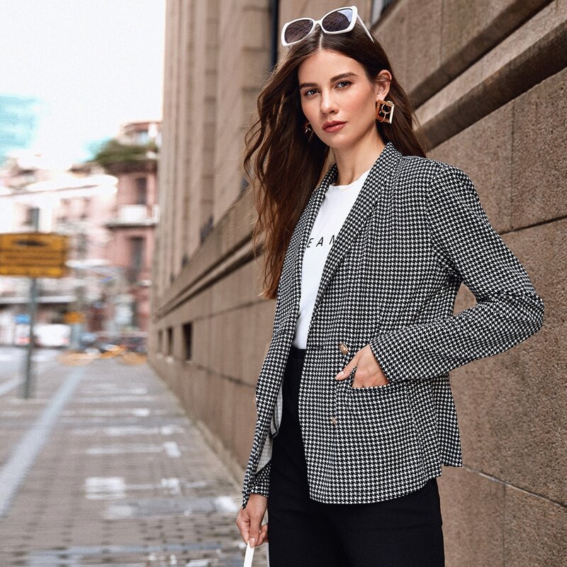 Shawl Neck Houndstooth Blazer, Black and white