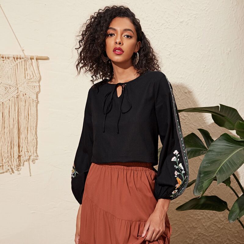 

Tie Neck Embroidery Lantern Sleeve Top, Black