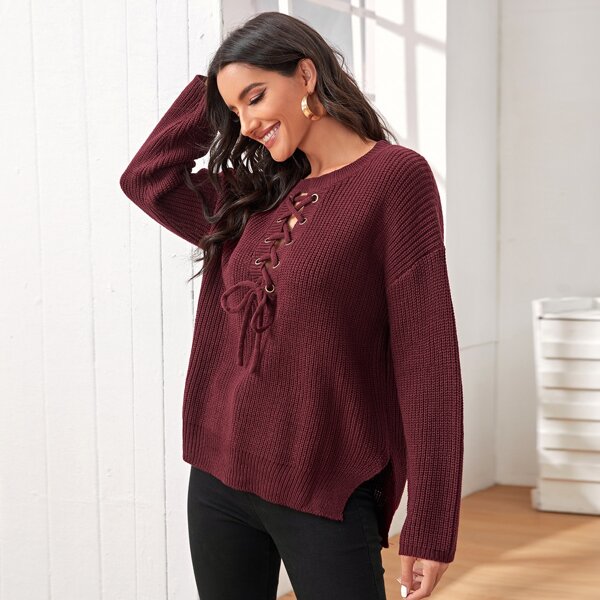 

Slit Hem Lace Up Front Sweater, Maroon