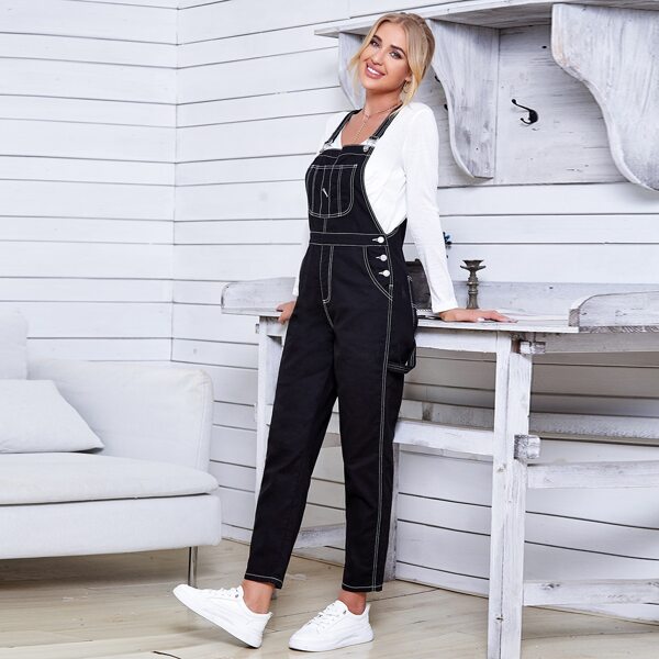 

Contrast Stitch Denim Overalls, Black