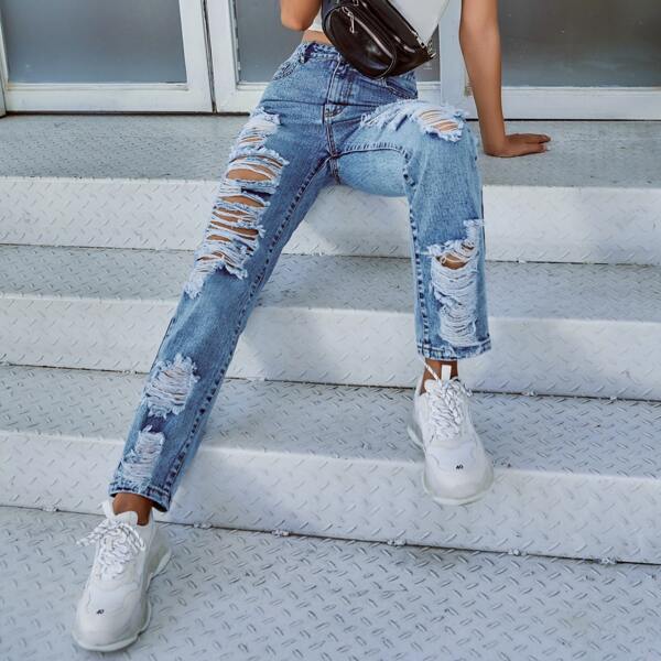 

High Waisted Distressed Ripped Mom Jeans, Medium wash