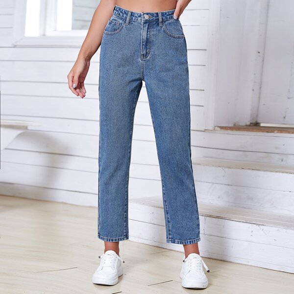 

High Waisted Geo Print Straight Leg Jeans, Medium wash