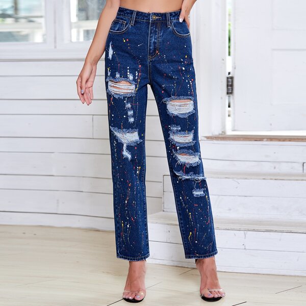 

Splash Ink Print Ripped Jeans, Dark wash