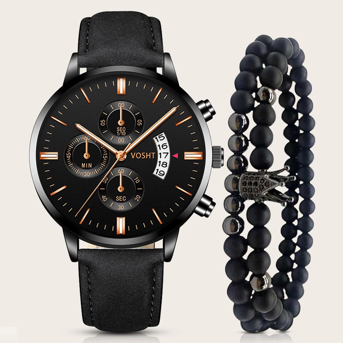 Image of 1pc Men Calendar Watch & 2pcs Beaded Bracelet