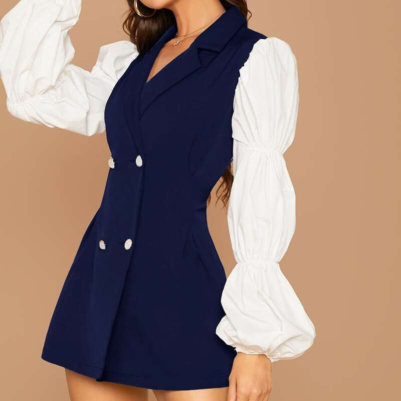 

Contrast Lantern Sleeve Double Breasted Blazer Dress, Navy blue