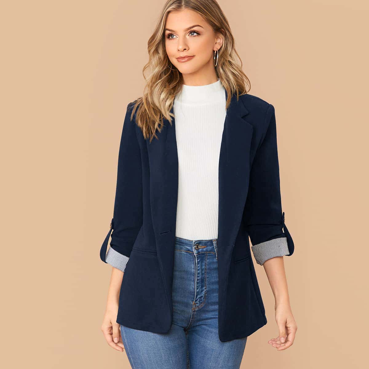 

Notched Collar Roll Tab Sleeve Blazer, Navy blue