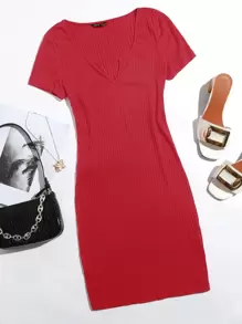 SHEIN BASICS Cotton Notched Neck Bodycon Dress - Rose Red - View 1