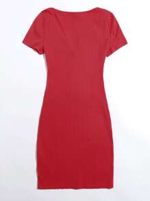 SHEIN BASICS Cotton Notched Neck Bodycon Dress - Rose Red - View 2