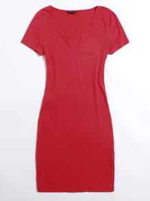 SHEIN BASICS Cotton Notched Neck Bodycon Dress - Rose Red - View 3