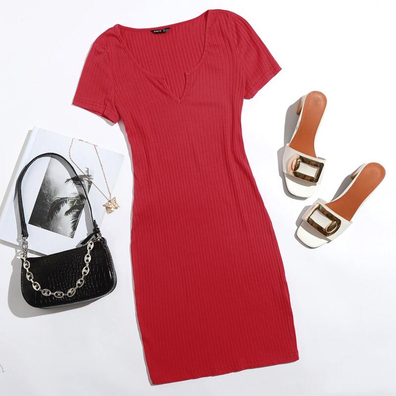 

Notched Neck Bodycon Dress, Rose red