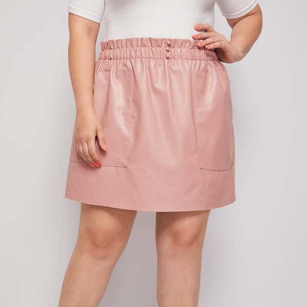 

Plus Paper Bag Waist Slant Pocket PU Leather Skirt, Dusty pink