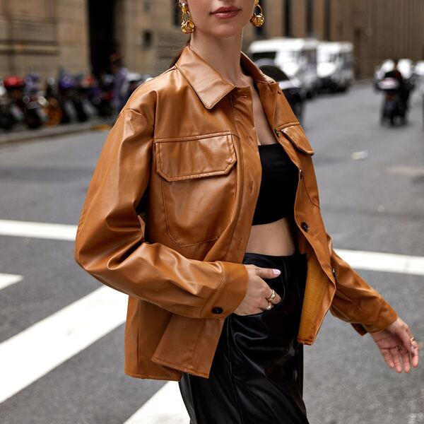 

Button Front PU Leather Jacket, Brown