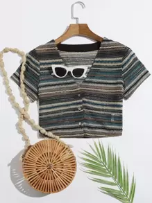 Soleia V-neck Button Placket Striped Top