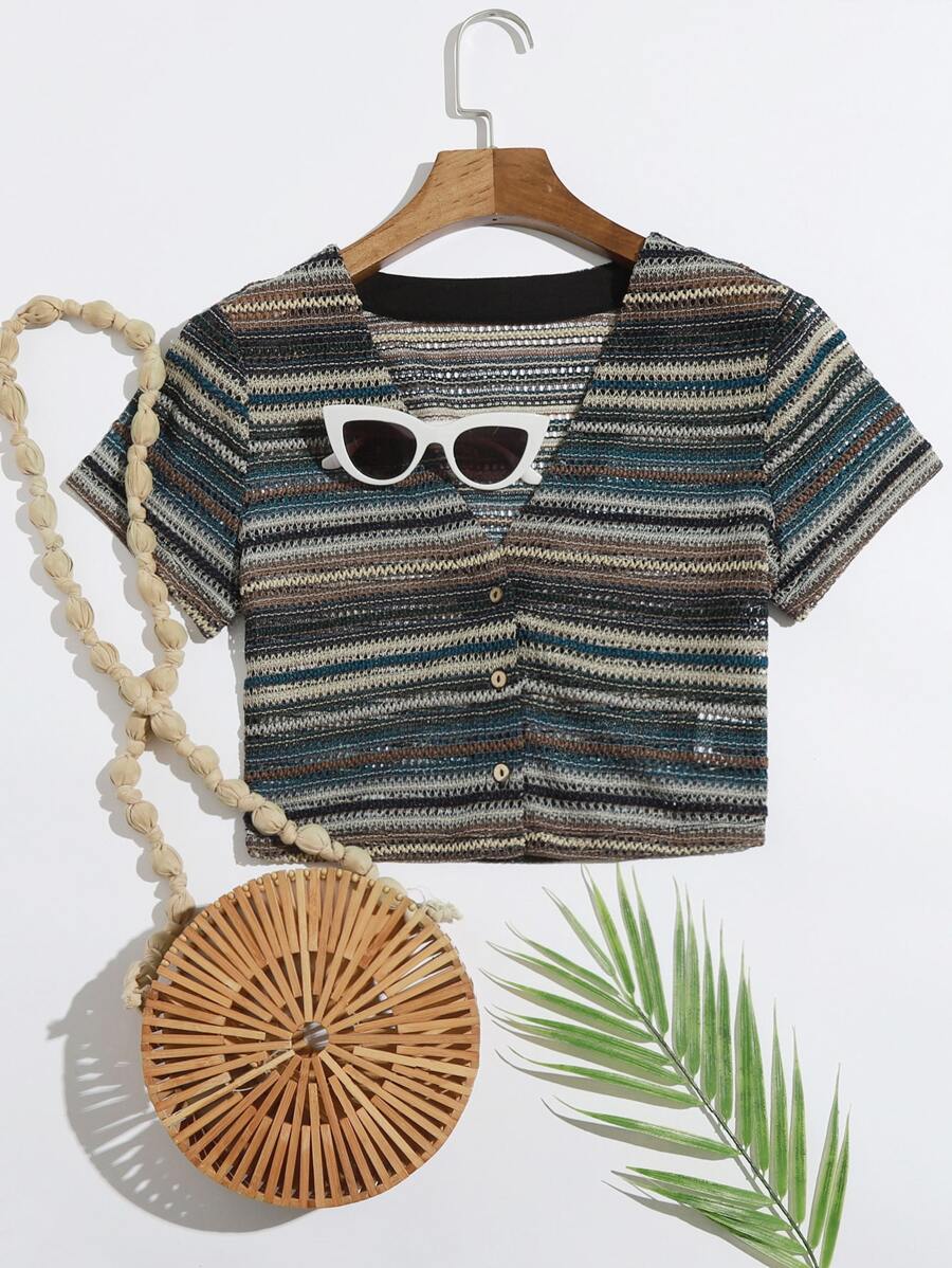 Soleia V-neck Button Placket Striped Top