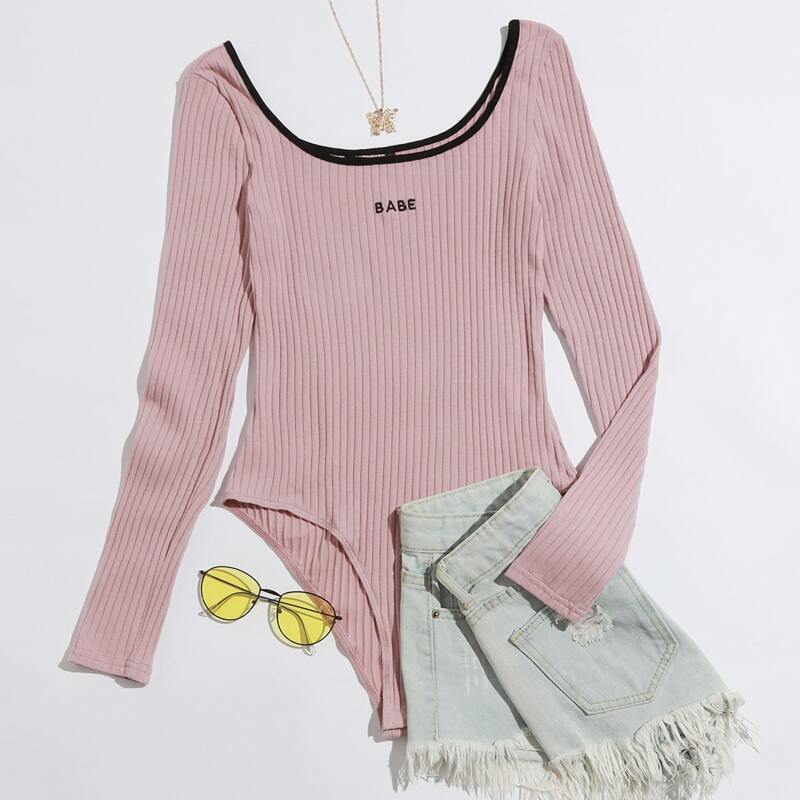 

Letter Embroidered Rib-knit Bodysuit, Dusty pink