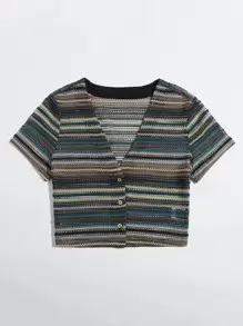 Soleia V-neck Button Placket Striped Top