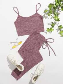 SHEIN EZwear 羅紋針織短版吊帶上衣和結飾腰緊身褲套裝 - 紅木色 - 查看 1