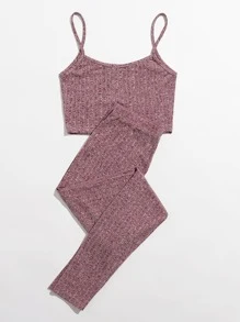 SHEIN EZwear 羅紋針織短版吊帶上衣和結飾腰緊身褲套裝 - 紅木色 - 查看 2