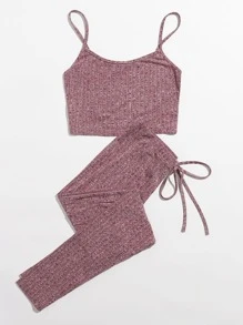 SHEIN EZwear 羅紋針織短版吊帶上衣和結飾腰緊身褲套裝 - 紅木色 - 查看 3