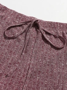 SHEIN EZwear 羅紋針織短版吊帶上衣和結飾腰緊身褲套裝 - 紅木色 - 查看 5