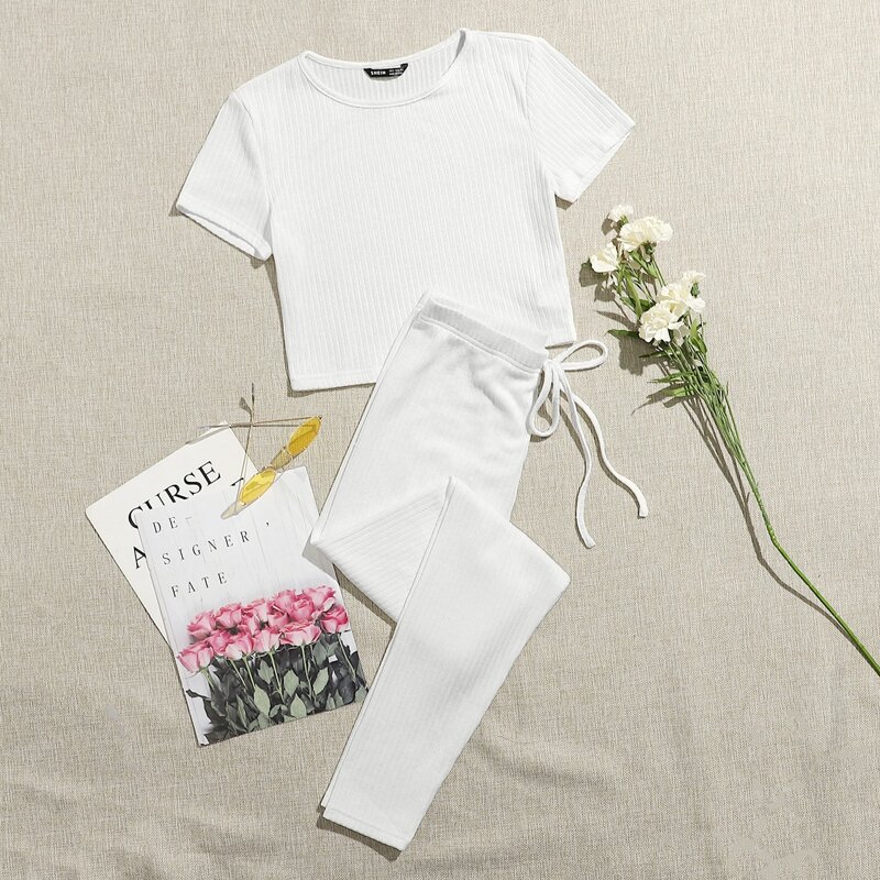 

Rib-knit Tee & Tie Waist Leggings Set, White