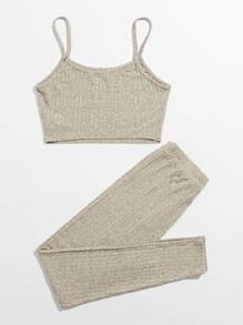 Muchica 羅紋針織短版吊帶上衣和結飾腰緊身褲套裝 - 卡其色 - 查看 2