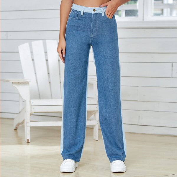 

High Waisted Two Tone Baggy Jeans, Multicolor