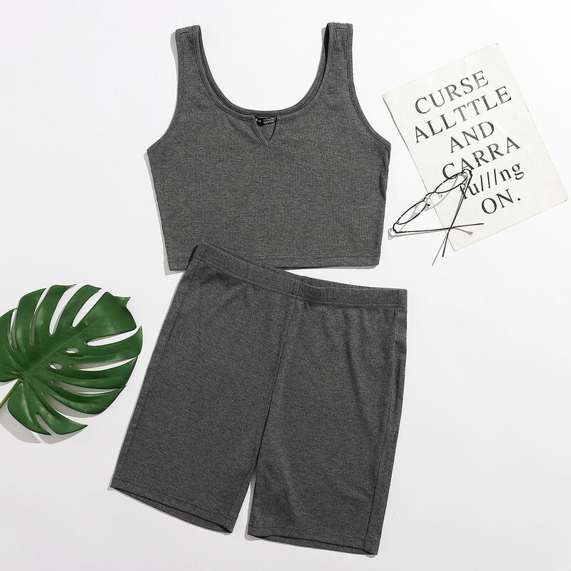 

Notched Neck Solid Tank Top & Biker Shorts Set, Dark grey