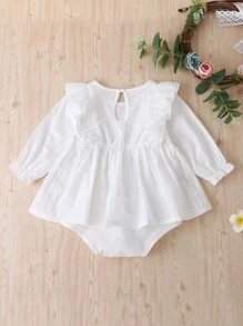 Vestido ajustado fruncido con bordado con ojal - Blanco - Ver 2