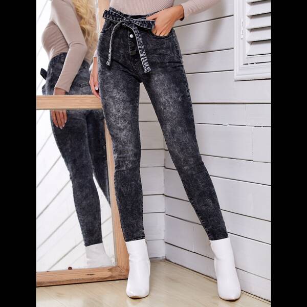 

High Waist Belted Skinny Jeans, Dark grey
