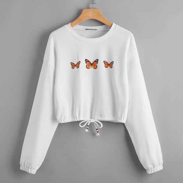

Butterfly Print Drawstring Hem Crop Sweatshirt, White