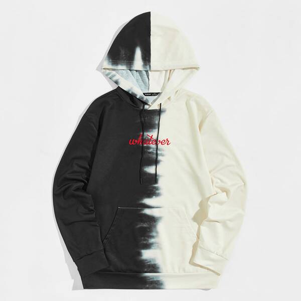 

Men Letter Embroidered Tie Dye Hoodie, Black and white
