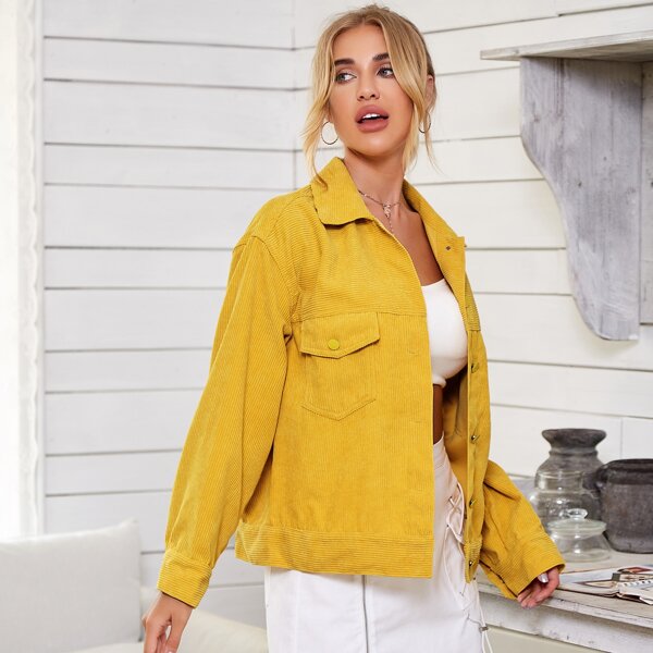 

Flap Pocket Button Up Corduroy Jacket, Yellow