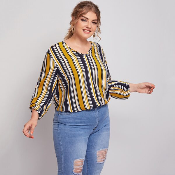 

Plus Multi-color Striped V Neck Blouse, Multicolor