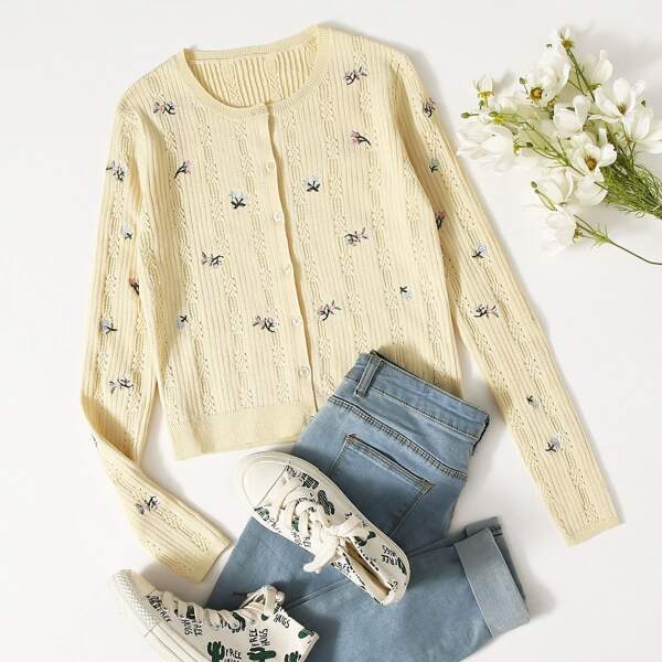 

Floral Embroidery Cable Knit Cardigan, Beige