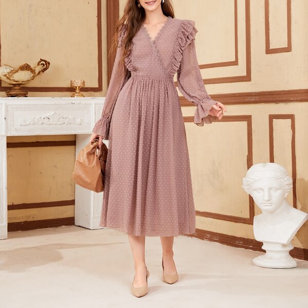 

Surplice Neck Ruffle Trim Swiss Dot Dress, Dusty pink