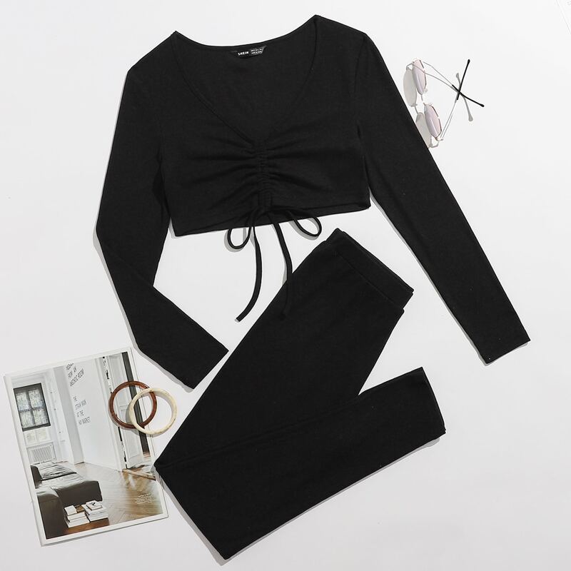 

Drawstring Front Rib-knit Crop Top & Leggings Set, Black