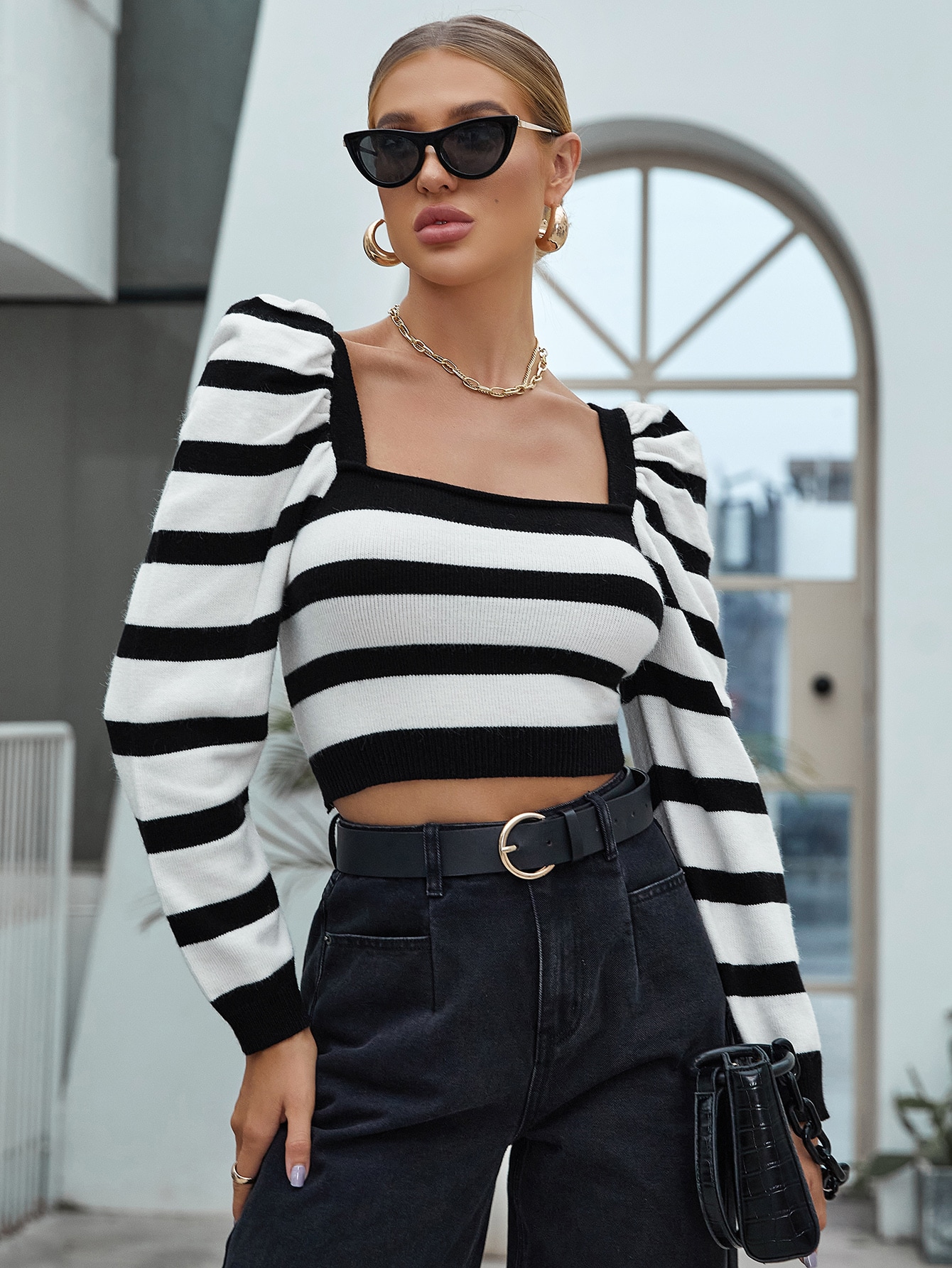 Gigot Sleeve Striped Crop Sweater thumbnail