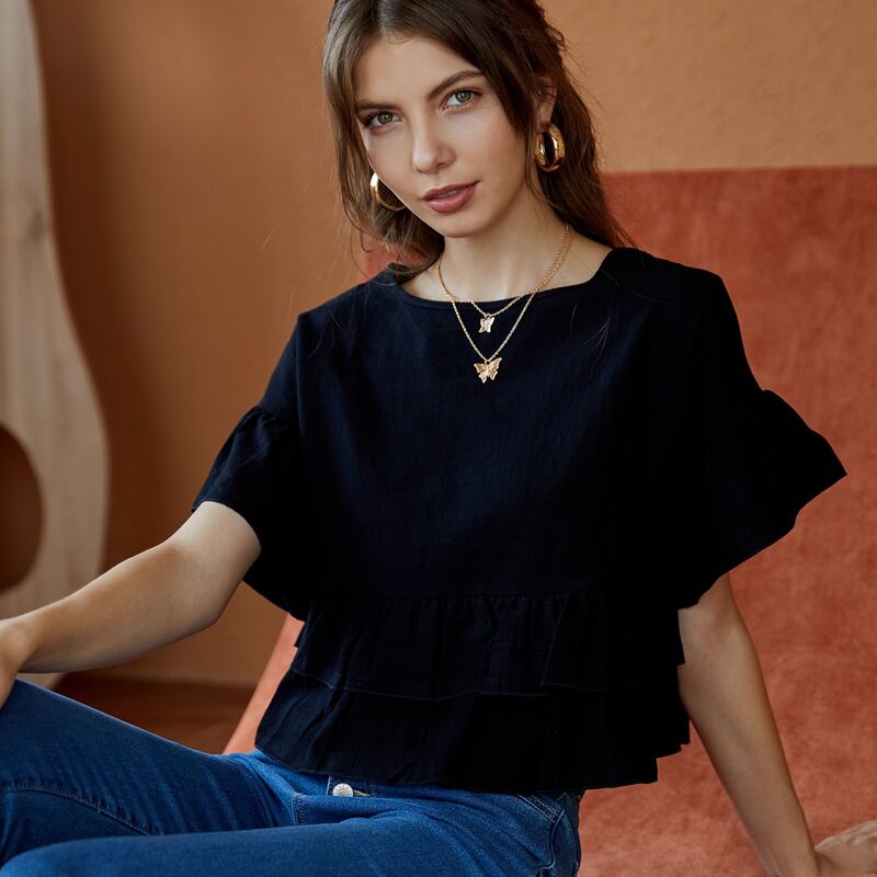 

Layered Ruffle Hem Flounce Sleeve Blouse, Black