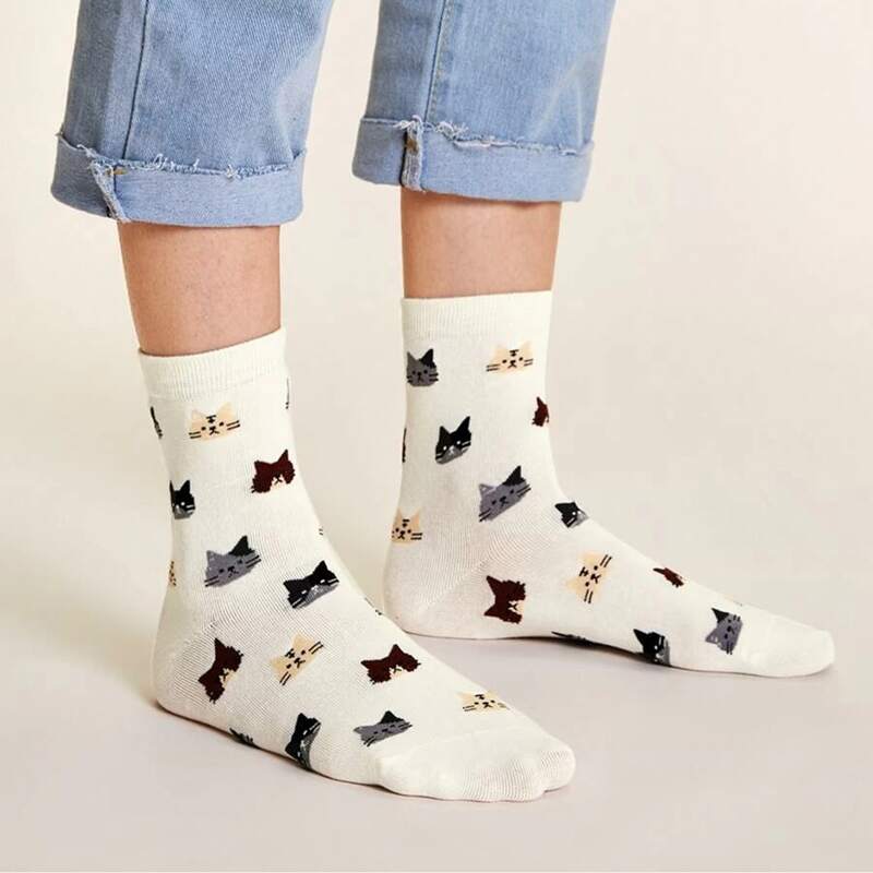 

1pair Cat Print Socks, Beige