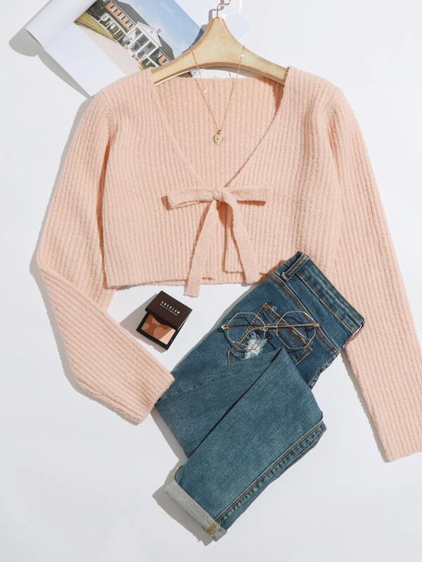 tie front cardigan shein