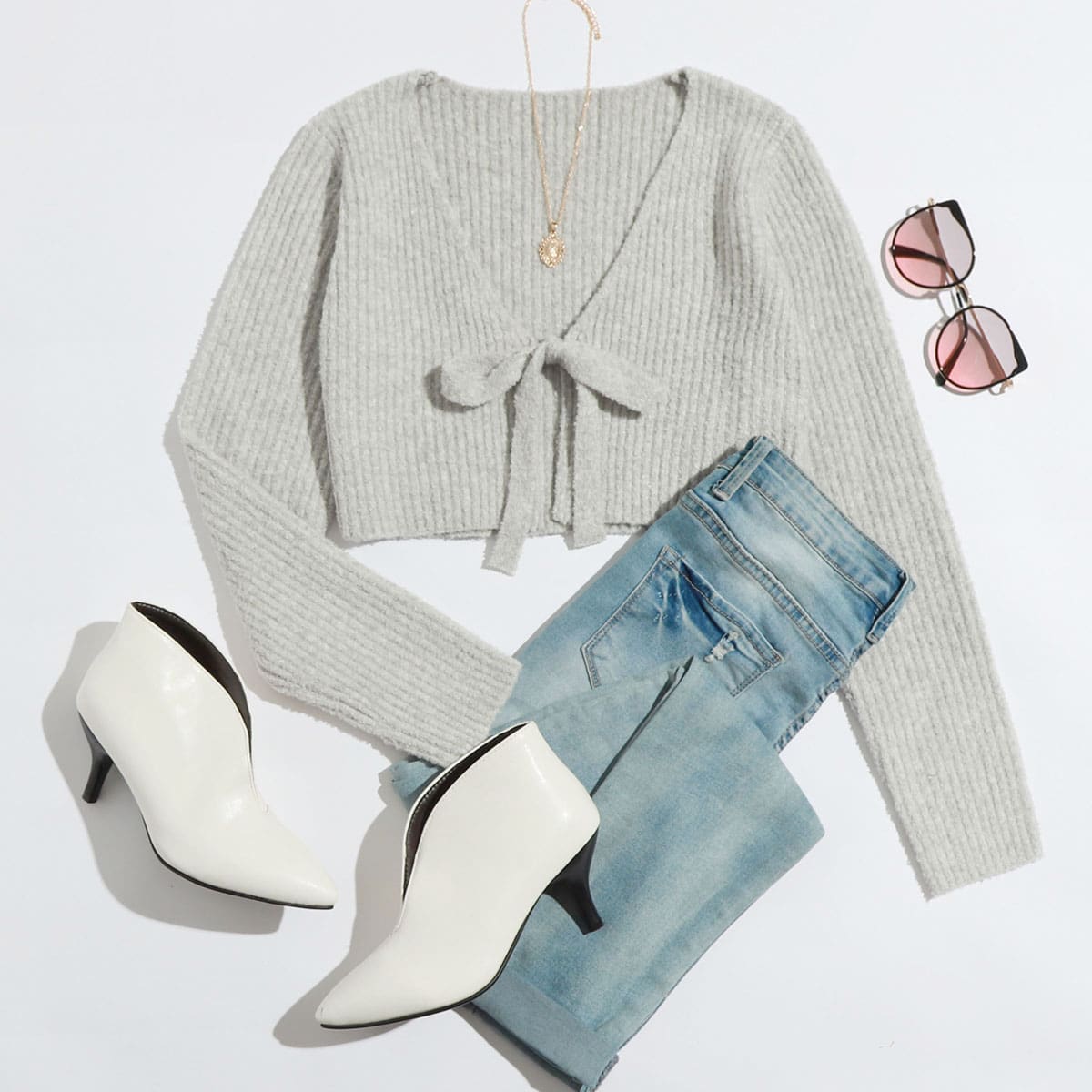 

Tie Front Rib-knit Cardigan, Light grey