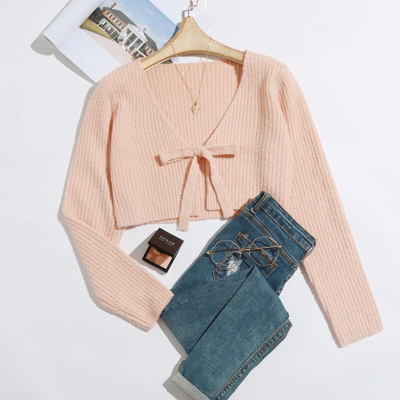 

Tie Front Rib-knit Cardigan, Baby pink