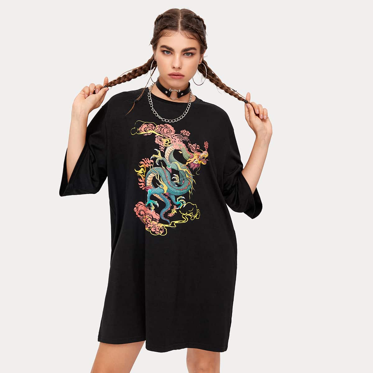 

Chinese Dragon Print Drop Shoulder Tee Dress, Black