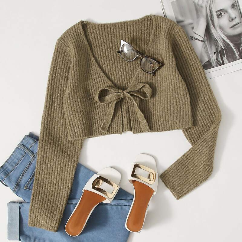 

Tie Front Rib-knit Cardigan, Army green