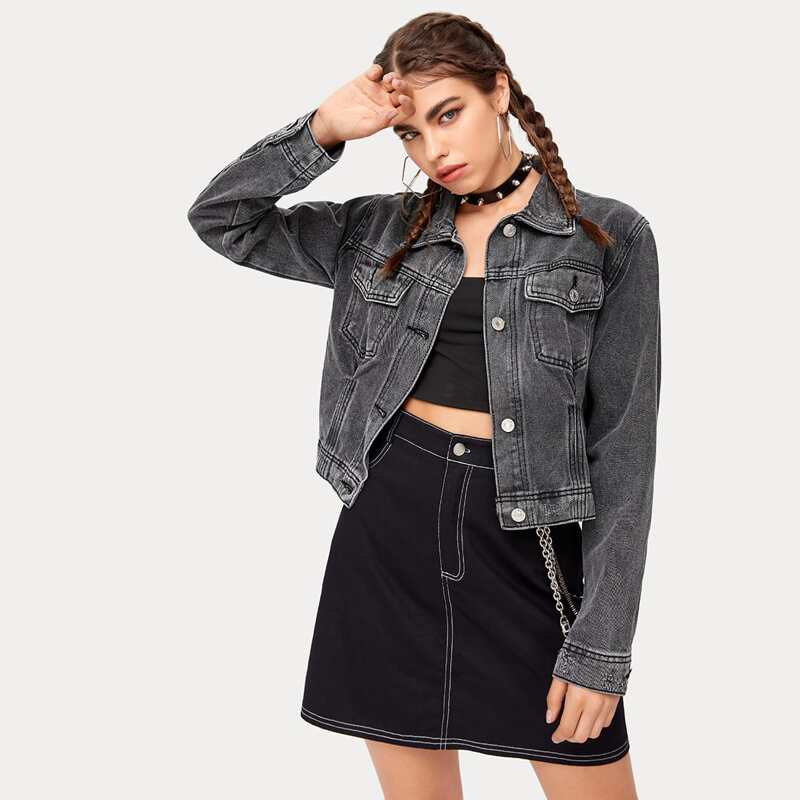 

Solid Button Front Denim Jacket, Dark grey