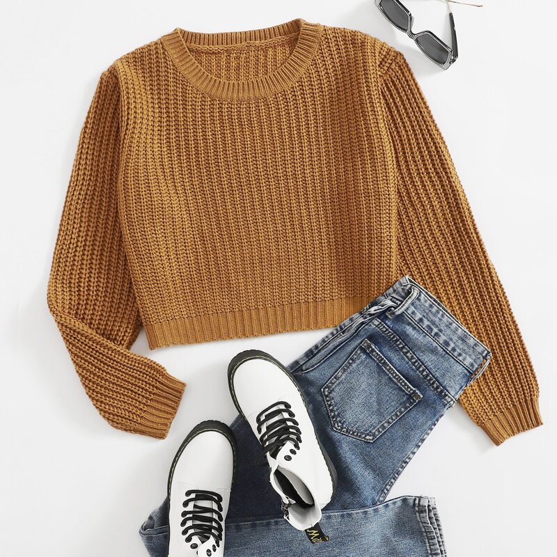 

Solid Crop Chunky Knit Sweater, Brown