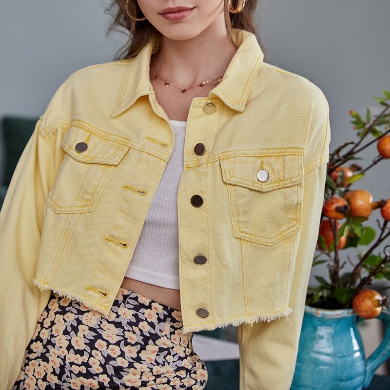 

Drop Shoulder Raw Hem Crop Denim Jacket, Yellow pastel