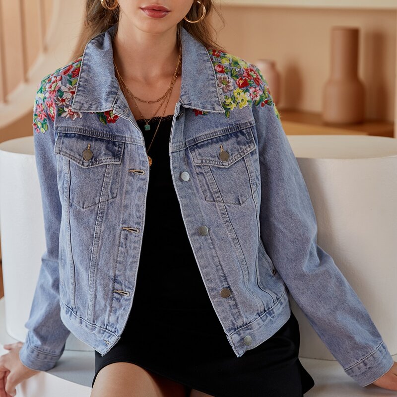 

Floral Embroidery Button Front Trucker Denim Jacket, Light wash